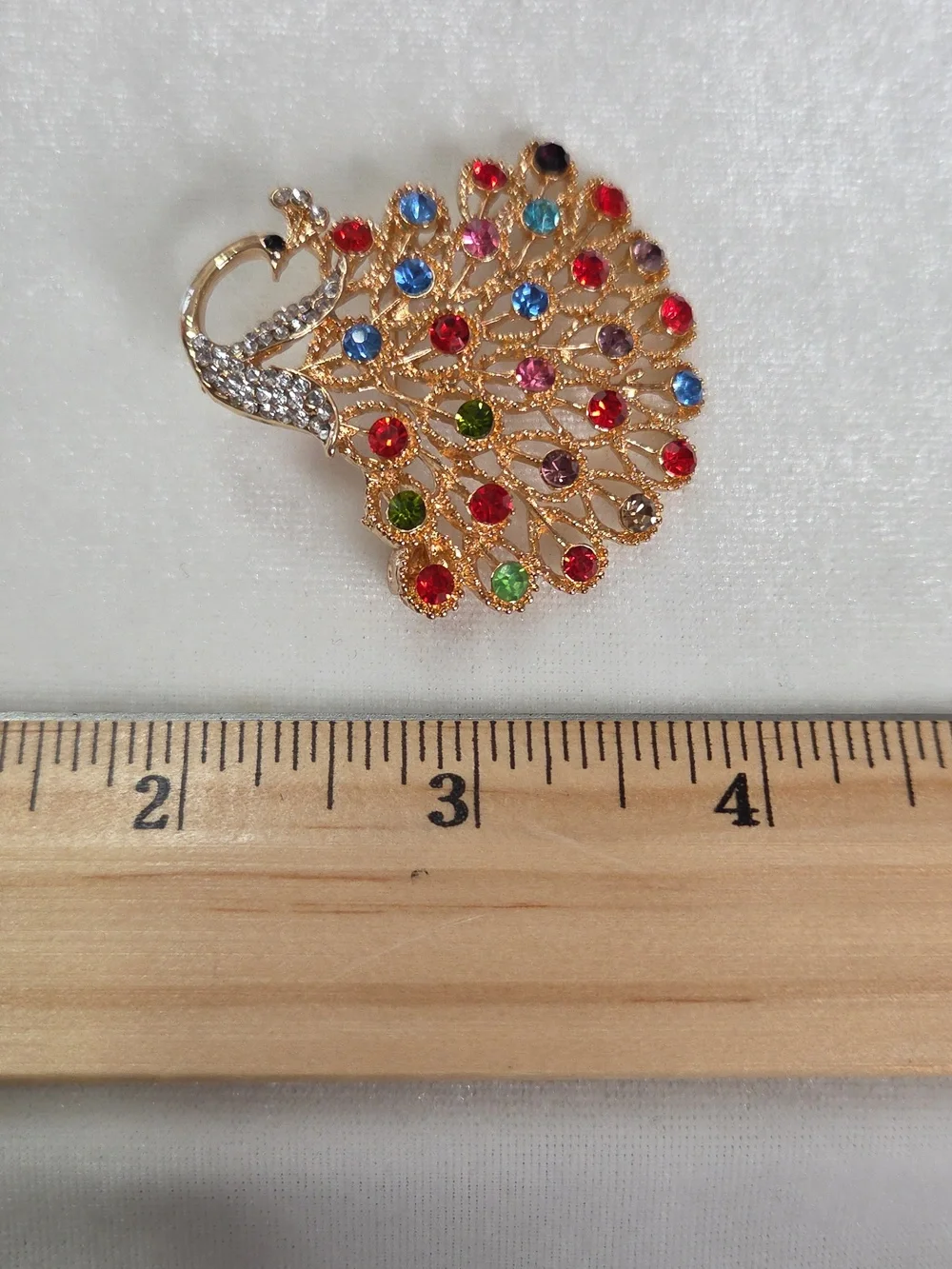 Colorful Peacock Rhinestone Brooch Retro Style Pin Gold Tone Sparkling Elegant